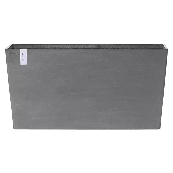 Ecopots Pflanzkasten Paris - Außenmaß (L x B x H): 100,5 x 39,6 x 51,8 cm, Kunststoff, Grau, Ausstattung Pflanzgefäß: Rollen - Rechteckiger grauer Pflanzkübel mit betonähnlicher Textur und 'ECOPOTS'-Etikett.