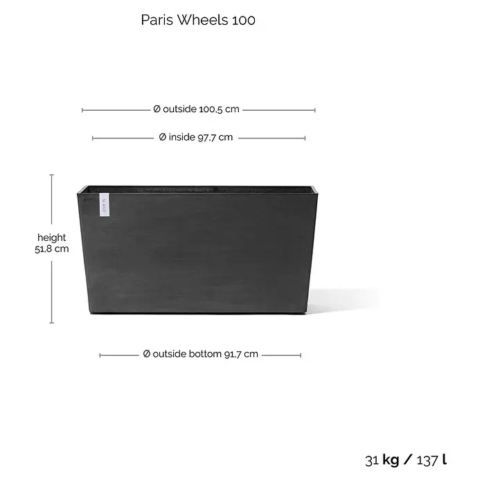 Ecopots Pflanzkasten Paris - Außenmaß (L x B x H): 100,5 x 39,6 x 51,8 cm, Kunststoff, Dunkelgrau, Ausstattung Pflanzgefäß: Rollen - Dunkelgrauer rechteckiger ECOPOTS Pflanzkübel.