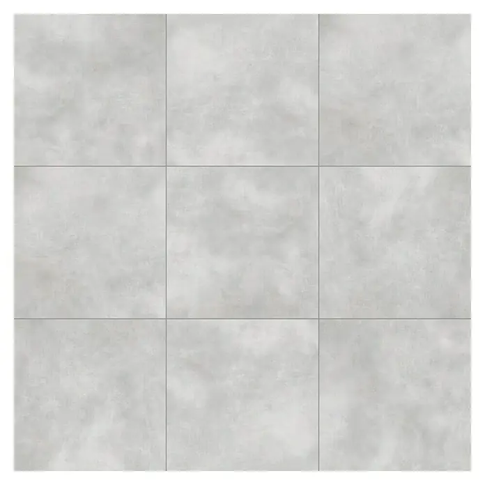 Terrassenfliese Dimension - 59,7 x 59,7 x 2 cm, Grau, Matt - Nahaufnahme von neun hellgrauen quadratischen Bodenfliesen, die ein modernes und minimalistisches Design für Innenräume zeigen.