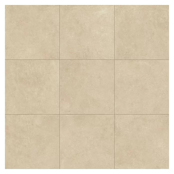 Feinsteinzeugfliese Giant - 79,7 x 79,7 cm, Beige, Matt - Beige quadratische Fliesen mit Steinoptik-Textur und dunklen Fugenlinien.