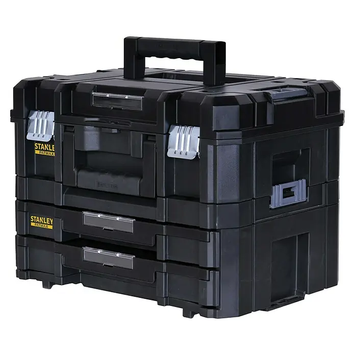 Stanley TSTAK Werkzeugkasten groß mit 2 Schubladen - 33,17 x 44 x 32,16 cm - Schwarzer Stanley Fatmax Werkzeugkoffer mit mehreren Fächern und Tragegriff für den einfachen Transport und die Organisation von Werkzeugen.