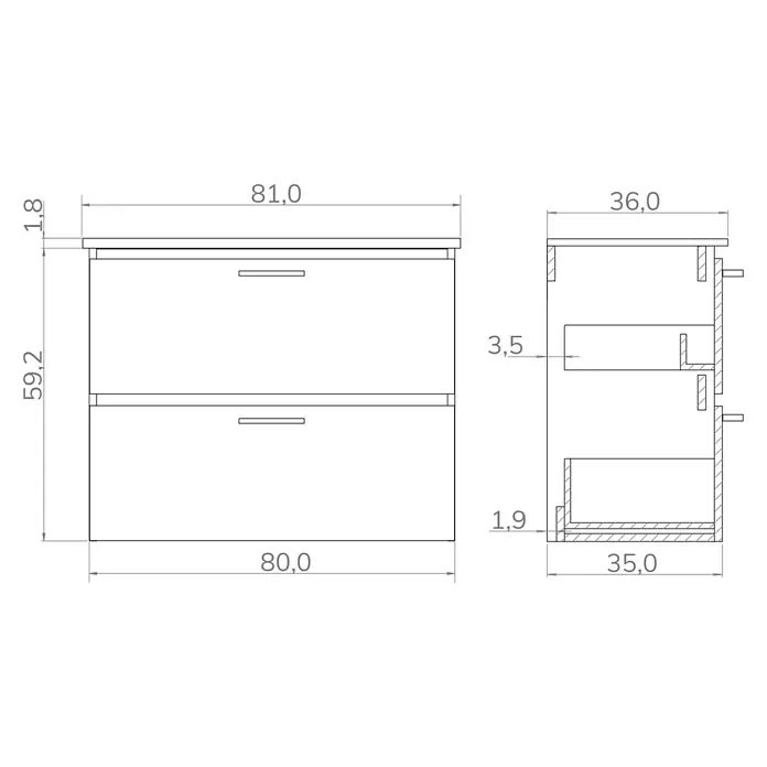 Artysan Conjunto de mueble de baño Palma 2C - Ancho: 80 cm, Roble, 2 pzs. - Un dibujo técnico de un mueble bajo lavabo con dos cajones, incluyendo sus dimensiones.