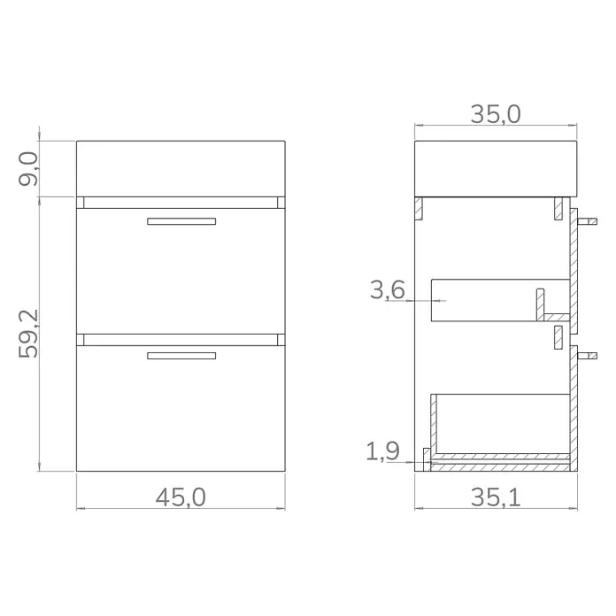 Artysan Conjunto de mueble de baño Palma 2C - Ancho: 45 cm, Roble, 2 pzs. - Dibujo técnico de un mueble de baño con dos cajones y vista lateral, mostrando todas las dimensiones.