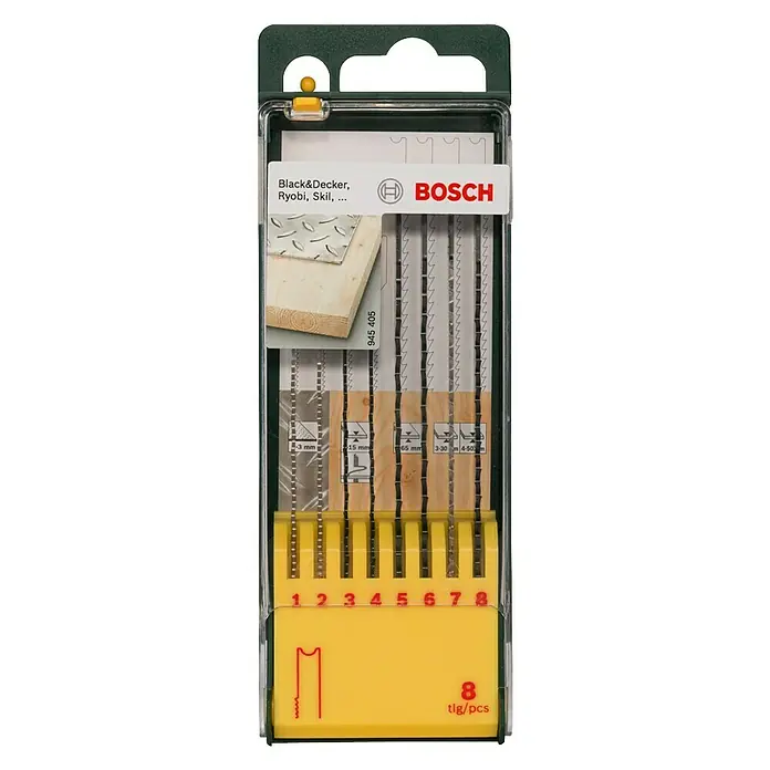Bosch Juego de hojas de sierra de calar - Madera / metal, 8 pzs., Vástago en U - Un juego de ocho hojas de sierra de calar de Bosch adecuadas para diversos materiales y aplicaciones, envasadas en una caja de plástico amarilla.