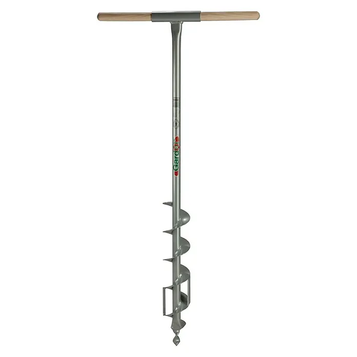 Gardol Erdlochbohrer - 105 cm, Schneidschnecke 33 mm - Bild einer Gardena-Erdlochbohrmaschine mit Holzgriff und spiralförmigem Bohrer für Gartenarbeiten.