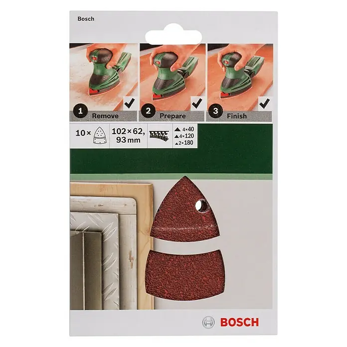 Bosch Schleifblatt-Set - 10 Stk., Passend für: Bosch Multischleifer Primo/PSM/Ventaro, Skil Multischleifer 7207 (Octo) - Abbildung einer Packung Bosch Schleifpapier mit dreieckigen Schleifblättern in verschiedenen Körnungen für eine optimale Holzbearbeitung.
