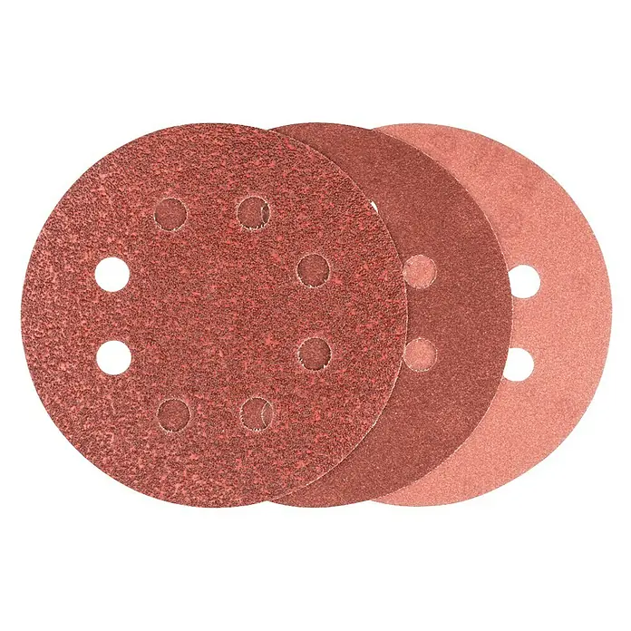 Bosch Schleifblatt-Set - 125 mm, 6 Stk. - Ein Satz Schleifscheiben, rund und rot, mit mehreren Löchern, die für Schleifarbeiten verwendet werden.