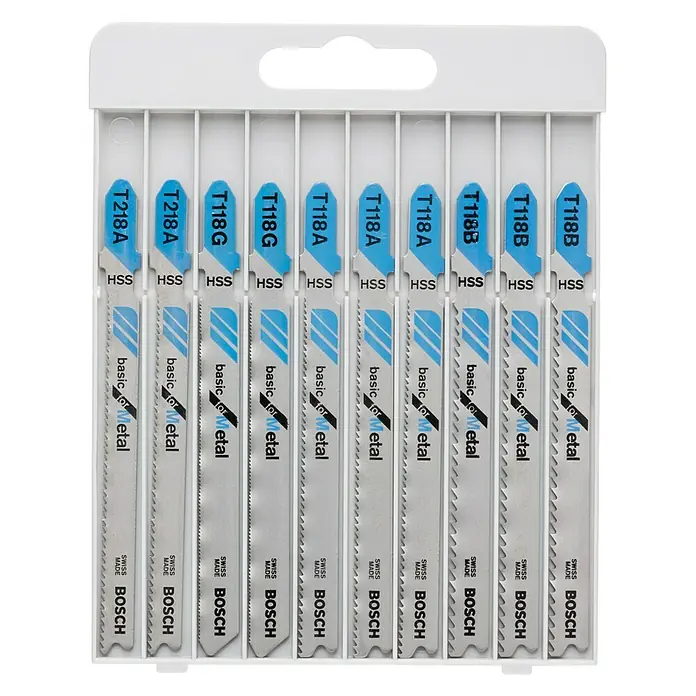Bosch Stichsägeblatt-Set - Metall, 10 -tlg. - Bild von Bosch Stichsägeblättern für Metall, T118A, T118B, T118G und T218A, verpackt in einer weißen Kunststoffbox.