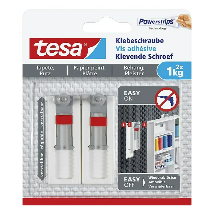 Tesa Verstellbare Klebeschraube - Geeignet für: Tapeten, Belastbarkeit: 1 kg, 2 Stk., Weiß - Packung Tesa Klebeschrauben, die eine einfache und rückstandslose Befestigung ohne Bohren ermöglichen. Ideal für Tapeten und Putz.