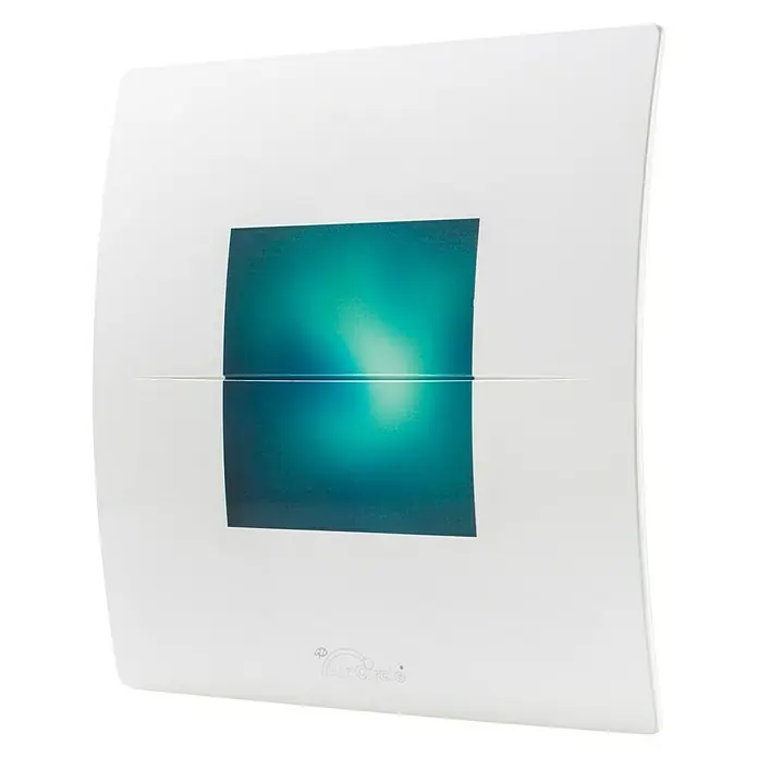 Air-Circle Designblende - Space, Passend für: Ventilator Premium 100 - Ein weißer Wandventilator mit einem quadratischen, blaugrünen Design in der Mitte, ideal zur Verbesserung der Luftqualität.