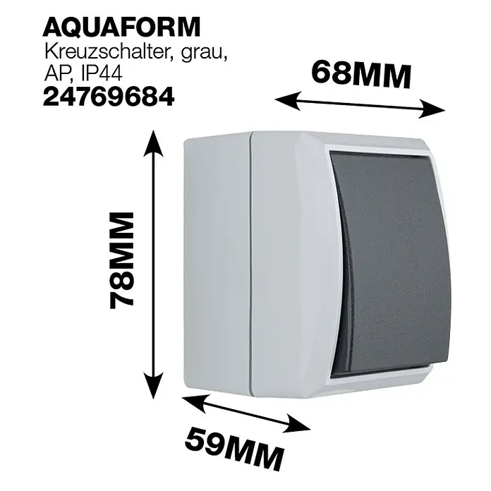 Aqua Form Feuchtraum-Kontrollschalter - Grau, Aufputzmontage, IP44 - Abbildung eines grauen Aquafrom Kreuzschalters mit den Maßen 78 mm Höhe, 68 mm Breite und 59 mm Tiefe.