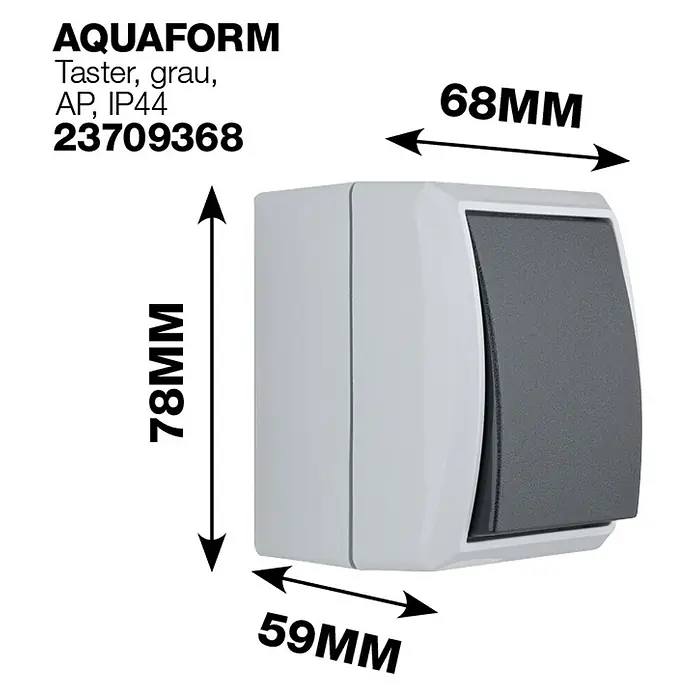 Aqua Form Feuchtraumtaster - Anthrazit, Aufputzmontage, IP44 - Abbildung eines AQUAFORM Tasters in Grau, AP, IP44 mit den Maßen 78mm Höhe, 68mm Breite und 59mm Tiefe.