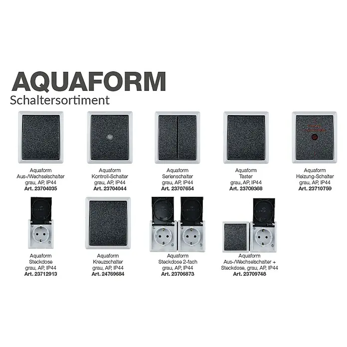 Aqua Form Feuchtraum-Kontrollschalter - Anthrazit, Aufputzmontage, IP44 - Aquafom Schalterprogramm: Eine Übersicht verschiedener grauer Aquafom Schalter und Steckdosen für den Außeneinsatz (AP, IP44).