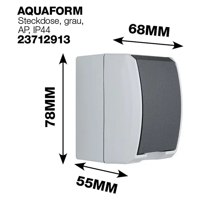 Aqua Form Feuchtraum-Steckdose - Anthrazit, 1-fach, Aufputzmontage, IP44 - Abbildung der Aquafrom Steckdose grau AP IP44 23712913 mit den Maßen 78mm Höhe, 68mm Breite und 55mm Tiefe.