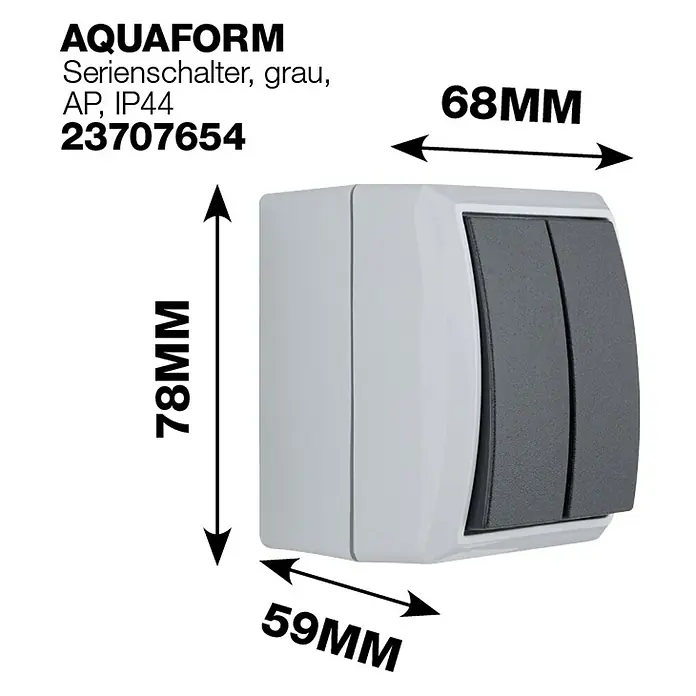 Aqua Form Feuchtraum-Serienschalter - Anthrazit, Aufputzmontage, IP44 - Produktbild eines Aquaform Serienschalters, grau, AP, IP44, mit den Maßen 78mm Höhe, 68mm Breite und 59mm Tiefe.