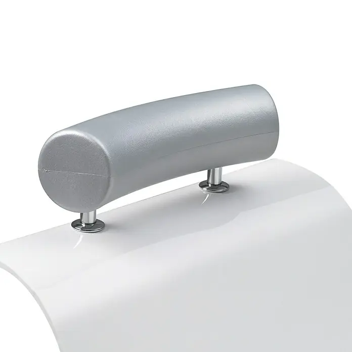 Ottofond NackenstützePassend für: Ottofond Badewanne Santos Duo, Silber - Nahaufnahme einer weißen Kopfstütze mit silberner Polsterung und Metallbeinen. Ergonomisches Design für Komfort und Unterstützung.