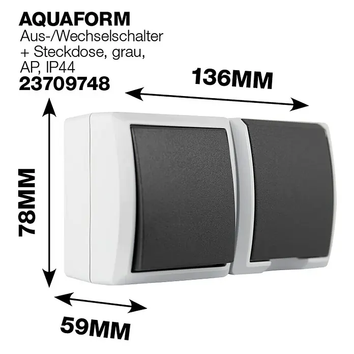 Aqua Form Feuchtraum-Schalterkombination - Anthrazit, Ausrichtung Schalterprogramm: Horizontal, Aufputzmontage, IP44 - Produktansicht des AQUAFORM Aus-/Wechselschalters + Steckdose, grau, AP, IP44 mit den Maßen 78mm x 59mm x 136mm.