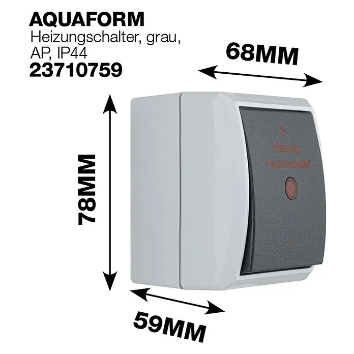 Aqua Form Heizungsschalter - Anthrazit, Kunststoff, Aufputzmontage, IP44 - Abbildung eines AQUAFORM Heizungsschalters in Grau, AP IP44, mit den Maßen 78mm Höhe, 68mm Breite und 59mm Tiefe.