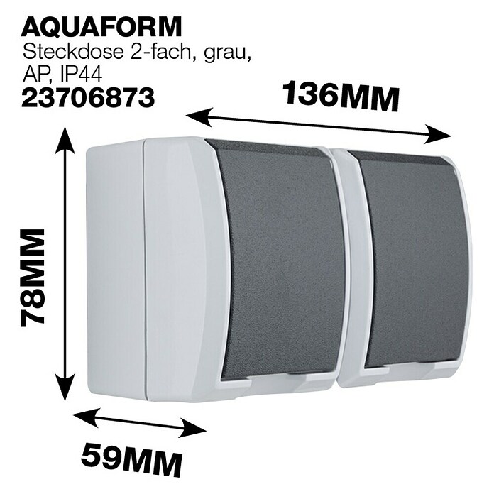 Aqua Form Feuchtraum-Steckdose (2-fach, Waagerecht, Grau, Aufputz, IP44)