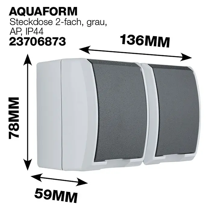 Aqua Form Feuchtraum-Steckdose - Anthrazit, 2-fach, Ausrichtung Schalterprogramm: Horizontal, Aufputzmontage, IP44 - Bild einer grauen Doppelsteckdose von Aquaform, die für Feuchträume geeignet ist, mit Größenangaben.