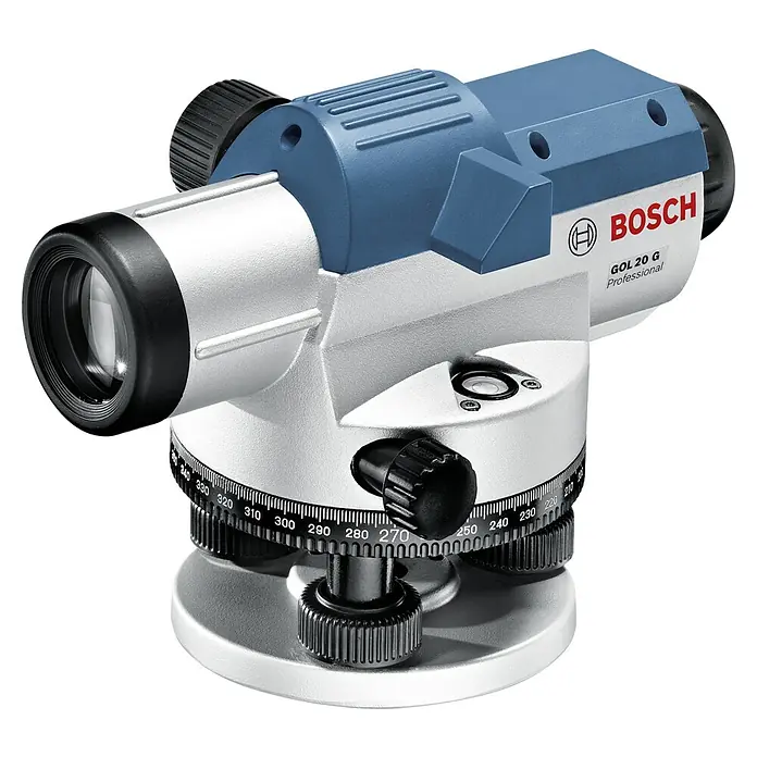 Bosch Professional Optisches Nivelliergerät GOL 20 G - Arbeitsbereich: Max. 60 m, Maßeinteilung: 1 gon (Horizontalkreis) - Das Bild zeigt eine Bosch GOL 20 G Professional Nivelliergerät, ein robustes und präzises Instrument für den Baubereich.