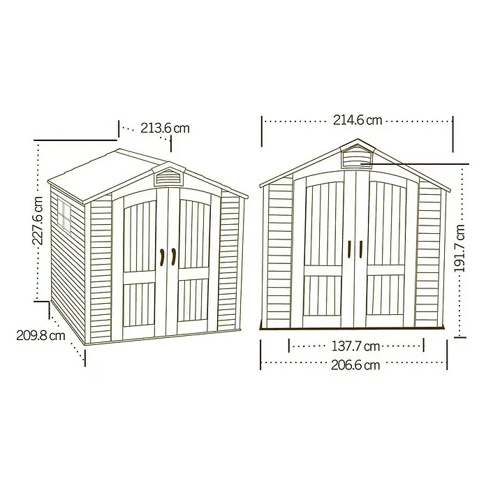 Lifetime Gerätehaus Fox - Außenbreite inkl. Dachüberstand: 215 cm, Außentiefe inkl. Dachüberstand: 210 cm, Kunststoff, Lichtgrau/Anthrazit - Abbildung einer Gartenhütte mit ihren Abmessungen, dargestellt in zwei Ansichten zur besseren Veranschaulichung der Maße.