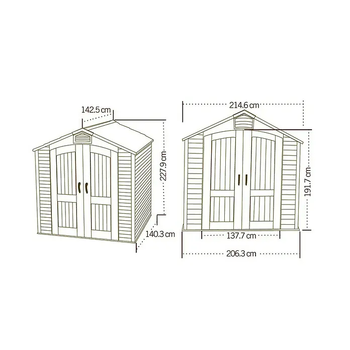 Lifetime Gerätehaus Starlet - 215 cm, 140 cm, Kunststoff, Anthrazit/Grau - Illustration eines Gartenhauses mit Maßangaben, das die Abmessungen in Zentimetern für Breite, Höhe und Tiefe angibt.
