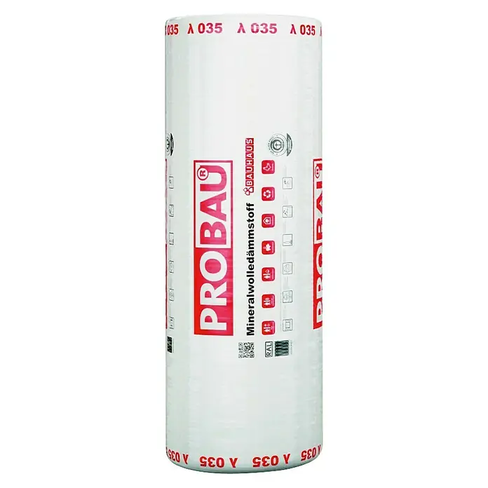 Probau Glaswolle Spannfilz SF 35 - Stärke: 180 mm, Wärmeleitfähigkeit: 0,035 W/(mK) - Rolle PROBAU Mineralwolle Dämmstoff mit rotem Aufdruck und Logos, geeignet für die Wärme- und Schalldämmung im Hausbau.