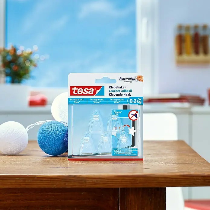Tesa Klebehaken - Geeignet für: Glas, Belastbarkeit: 0,2 kg, 5 Stk., Transparent - Tesa Powerstrips Klebehaken für Glasoberflächen, transparente Ausführung, bis zu 0,2 kg Tragkraft, ideal für Bad und Küche.