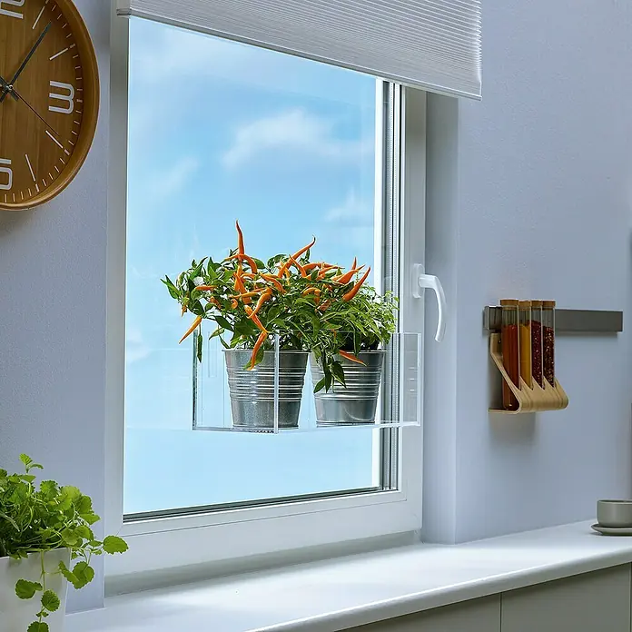 Tesa Montageband - Geeignet für: Glas, Belastbarkeit pro m: 20 kg, 1,5 m x 19 mm - Zwei Chili-Pflanzen in Metalltöpfen auf einer Fensterbank mit Gewürzregal.