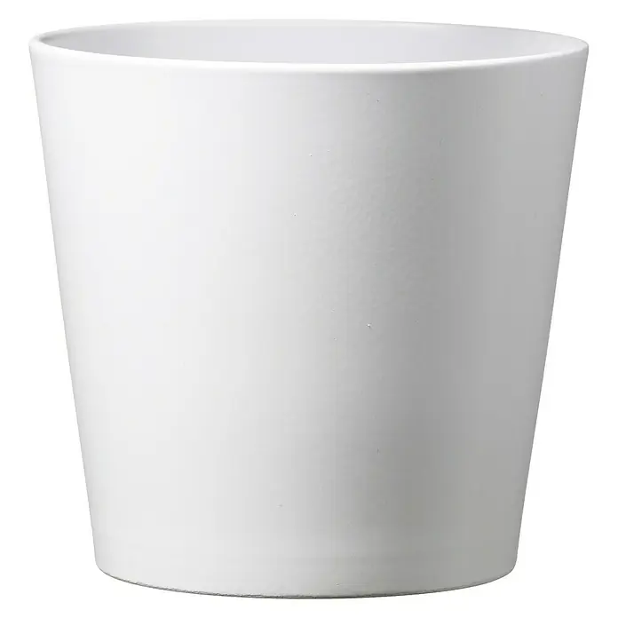 Soendgen Keramik Übertopf rund Dallas Esprit - Außenmaß (Ø x H): 10 x 8 cm, Weiß, Keramik, Matt - Nahaufnahme eines schlichten, weißen Blumentopfs mit einer glatten Oberfläche und einer konischen Form.