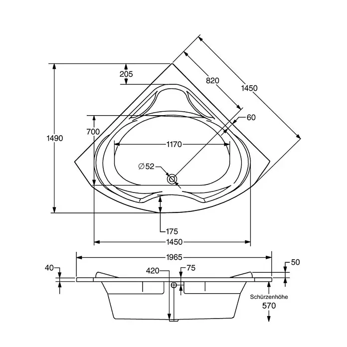 Ottofond Eckbadewanne Maya - L x B: 145 x 145 cm, Sanitäracryl, Weiß - Abbildung einer Eckbadewanne mit Maßangaben zu Größe und Durchmesser, ideal für Badplanung und Installation.