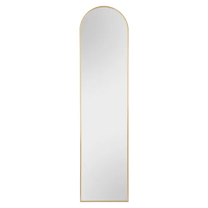 Standspiegel Elina - 40 x 160 cm, Gold, Metall - Elegantes, hochformatiges Spiegels mit einem sanft gerundeten oberen Abschluss und einem schlichten, hellen Holzrahmen.