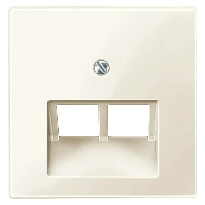 Merten System M UAE-Abdeckung 296144 - Weiß, Kunststoff, Unterputzmontage - Nahaufnahme einer cremefarbenen Doppel-Keystone-Wandplatte mit einer Schraube zur sicheren Befestigung, ideal für Netzwerkanschlüsse.