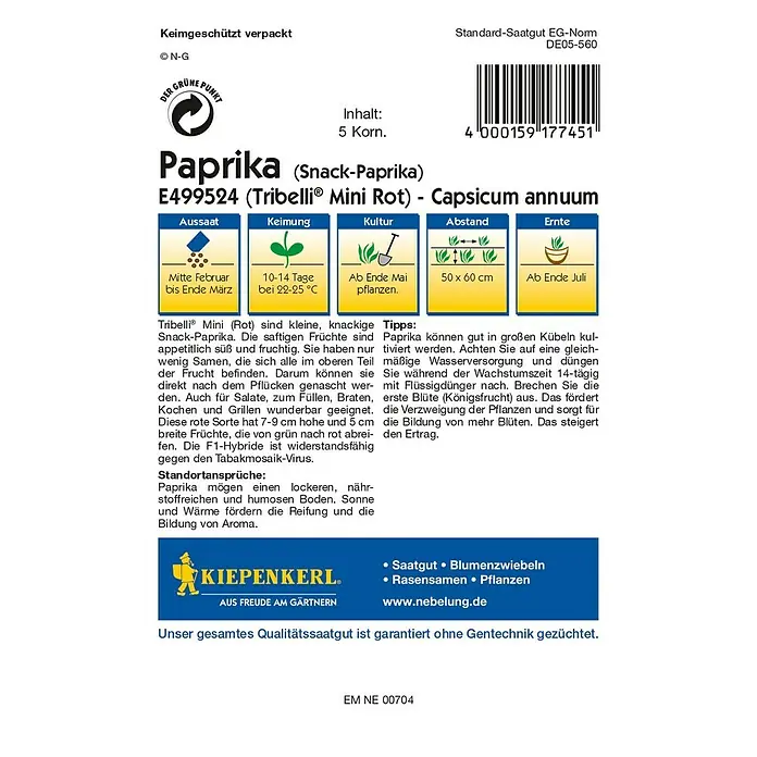 Kiepenkerl Profi-Line Gemüsesamen Paprika Tribelli Mini - Capsicum annuum, Erntezeit: Juli - Paprika 'Tribelli Mini Rot' Saatgutpackung. Informationen zu Aussaat, Keimung, Kultur, Abstand und Erntezeitpunkt sind aufgedruckt.