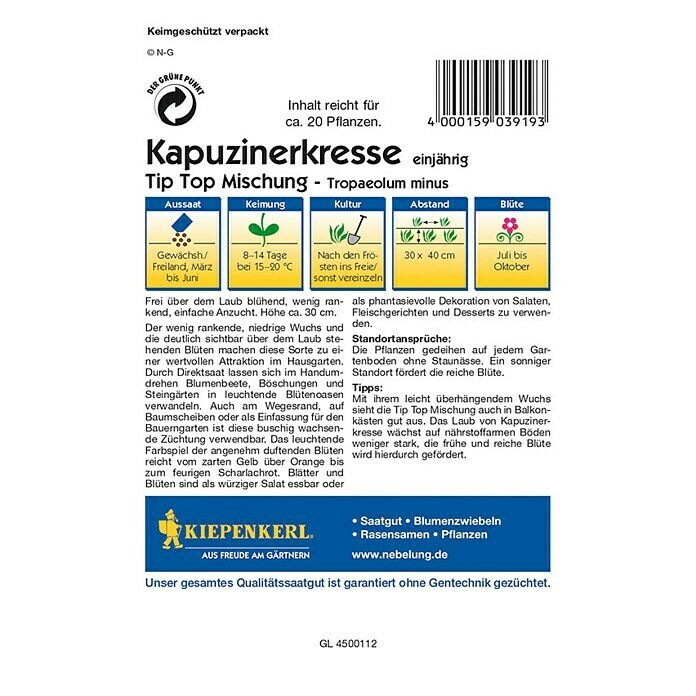 Kiepenkerl Profi-Line Kapuzinerkresse Tip Top Mischung (Tropaeolum minus, Inhalt ausreichend für ca.: 20 Pflanzen)