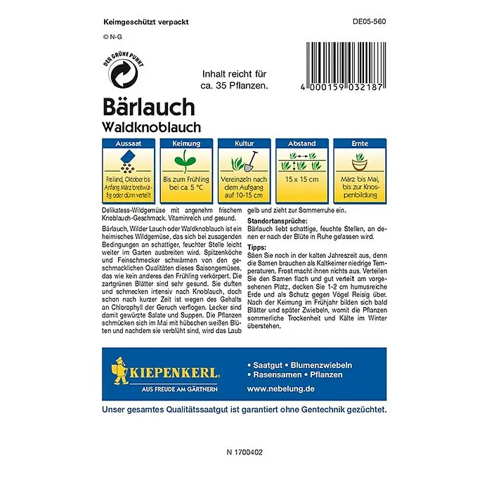 Kiepenkerl Profi-Line Kräutersamen Bärlauch - Allium ursinium, Saatzeit: Januar, Erntezeit: Ganzjährig - Bärlauch-Samenpackung von Kiepenkerl. Inhalt reicht für ca. 35 Pflanzen, ideal für die Aussaat im Freiland von Oktober bis Anfang März.