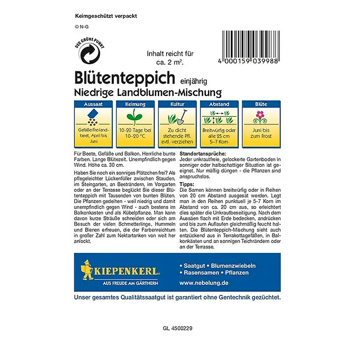 Kiepenkerl Profi-Line Blumensamenmischung Blütenteppich - Verschiedene Sorten, Blütezeit: Juni, 2 m² - Abbildung der Samenpackung für einen einjährigen Blütenteppich von Kiepenkerl. Inhalt reicht für ca. 2 m².
