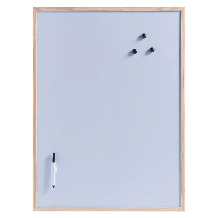 Zeller Present Magnet-Schreibtafel - 60 x 80 cm, Natur - Das Bild zeigt eine weiße Magnettafel mit Holzrahmen, auf der drei Magnete und ein Stift befestigt sind. Eine praktische Tafel für Notizen.