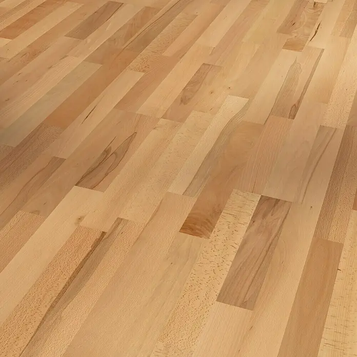 Parador Parkettmuster Classic 3060 Living Buche - 200 x 185 x 13 mm, Schiffsboden - Nahaufnahme von hellem Holzparkettboden mit unregelmäßigen Maserungen und warmen Farbtönen, ideal für moderne Interieurs.