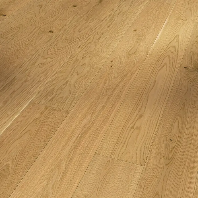 Parador Parkett Trendtime 4 - Eiche Molvina natur, Landhausdiele, 2.010 x 160 x 13 mm - Helles Eichenparkett mit natürlicher Maserung und warmen Farbtönen, ideal für ein gemütliches und einladendes Zuhause. Die Holzstruktur ist gut sichtbar.