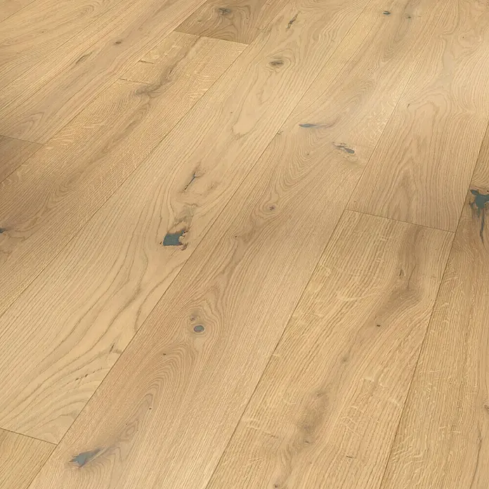 Parador Parkettmuster Classic 3060 Rustikal Eiche Pure - 200 x 185 x 13 mm, Landhausdiele - Nahaufnahme von Parkettboden, der die natürliche Maserung und die warmen Farbtöne des Holzes hervorhebt, ideal für modernes Wohndesign.