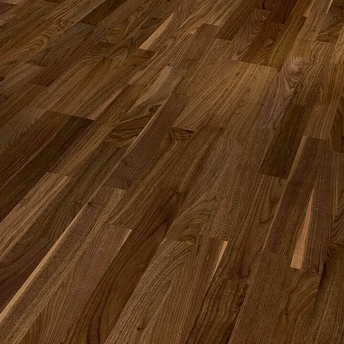 Parador Parkettmuster Classic 3060 Natur Walnuss - 200 x 185 x 13 mm, Schiffsboden - Nahaufnahme eines eleganten, dunklen Nussbaumparkettbodens mit natürlicher Maserung und warmen Farbtönen. Perfekt für stilvolle Innenräume.