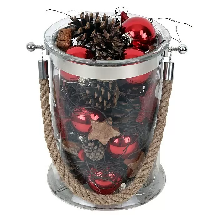 Piardino Adventsarrangement Nr.2 - Grün - Glasgefäß gefüllt mit roten Weihnachtskugeln, Tannenzapfen und Lichtern, mit Naturseil verziert.