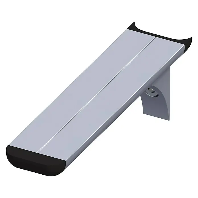 Kantoflex Coaxis Regalträger - 150 x 51 mm, Aluminium, Unbehandelt, Traglast: 35 kg - Produktansicht des schlanken, silberfarbenen Schuhregals mit schwarzer Gummierung an den Enden und Befestigung an der Wand.
