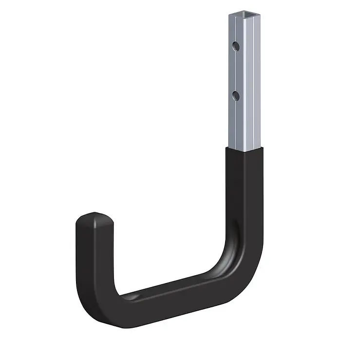 Kantoflex Coaxis Haken - 80 x 120 mm, Aluminium, Gummiert, Traglast: 35 kg, Passend für: Coaxis Profile - Nahaufnahme eines schwarzen Haken, der an einer silbernen Halterung mit Löchern befestigt ist. Ideal zur Aufbewahrung.