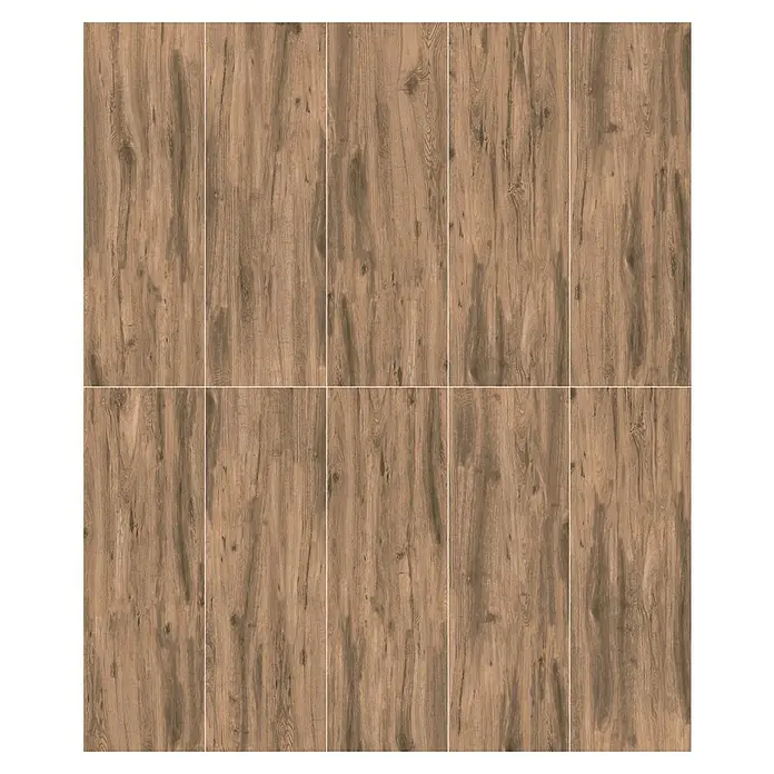 Terrassenfliese Strobus - 40 x 120 x 2 cm, Oak/Braun, Matt - Acht Holzpaneele mit Maserung und hellen Fugen sind auf einem schwarzen Hintergrund zu sehen. Ideal für Fußböden oder Wandverkleidungen.