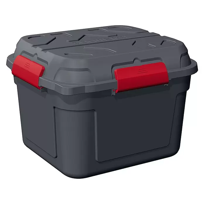 Sunware Aufbewahrungsbox Q-Line wasserdicht - L x B x H: 60,1 x 53,1 x 42,5 cm, Kunststoff, Anthrazit - Dunkelgraue Kunststoff-Aufbewahrungsbox mit passendem Deckel und leuchtend roten Verschlüssen.