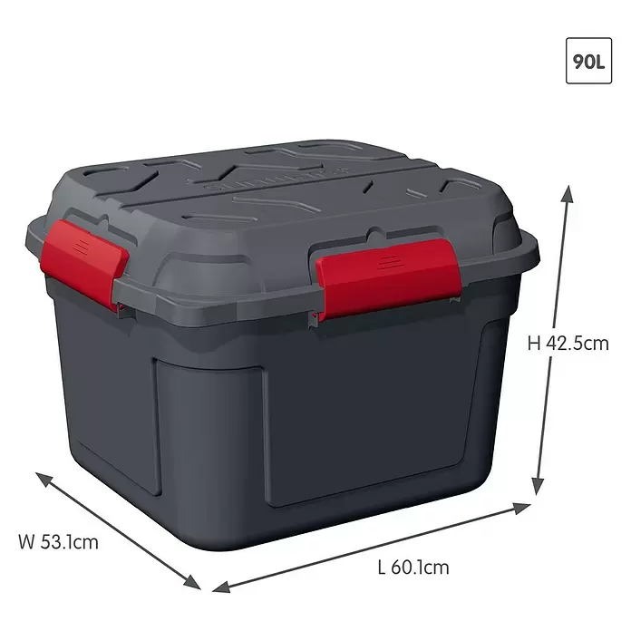 Sunware Aufbewahrungsbox Q-Line wasserdicht - L x B x H: 60,1 x 53,1 x 42,5 cm, Kunststoff, Anthrazit - Dunkelgraue 90L Schwerlast-Aufbewahrungsbox mit roten Verschlüssen, Maße L 60,1cm x B 53,1cm x H 42,5cm.