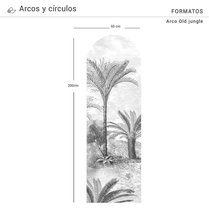 Vinilo de pared autoadhesivo Arco Old Jungle - 65 x 200 cm, Blanco/Negro, Plástico - Imagen del producto: Mural "Arco Old Jungle" con diseño de palmeras, ideal para una decoración interior elegante. Las dimensiones son 200cm x 65cm.